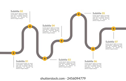 Infographic roadmap design template. Business Timeline of 7 Important Business Events annual business presentation. Vector illustration.