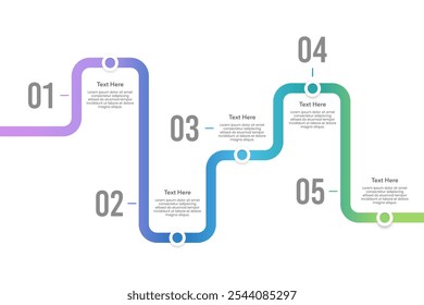 Infographic roadmap design template. Business timeline 5 steps to success. Presentation, Milestone, Annual report, data and information. Vector Illustration.