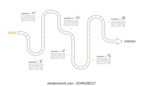 Entwurfsvorlage für die Infografik-Roadmap. Business Timeline von 6 Wichtige Geschäftsereignisse jährliche Geschäftspräsentation. Vektorgrafik