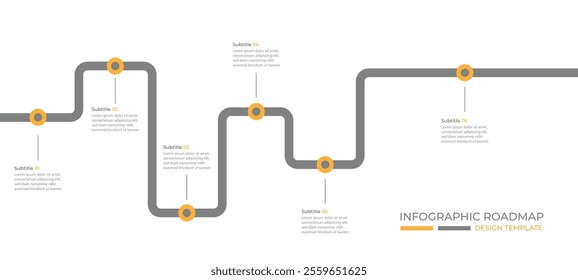 Infographic roadmap design template. Business Timeline of 6 Important Business Events annual business presentation. Vector illustration