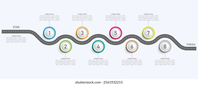 Infographic roadmap design template. Business Timeline of 8 Important Business Events annual business presentation. Vector illustration