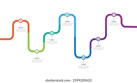 Infographic roadmap design template. Business Timeline of 7 Important Business Events annual business presentation. Vector illustration