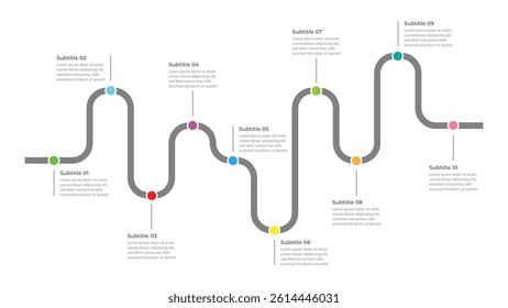 Infographic roadmap design template. Business Timeline of 10 Important Business Events annual business presentation. Vector illustration