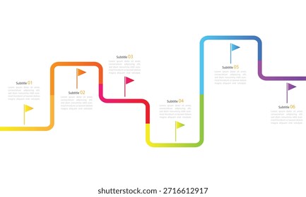 Entwurfsvorlage für die Infografik-Roadmap. Business Timeline von 6 Wichtige Geschäftsereignisse jährliche Geschäftspräsentation. Vektorgrafik.