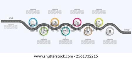 Infographic roadmap design template. Business Timeline of 8 Important Business Events annual business presentation. Vector illustration