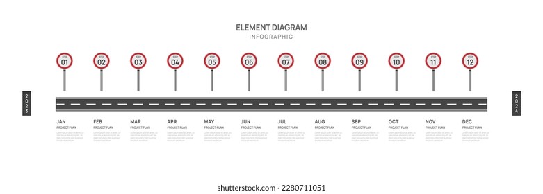 Infographic Roadmap template for business. 12 Months modern Timeline element diagram calendar, 4 quarter steps milestone presentation vector infographic.