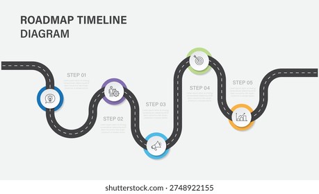 Infographic roadmap timeline template design with 5 steps. Timeline diagram with road journey concept. Vector illustration.