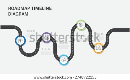 Infographic roadmap timeline template design with 5 steps. Timeline diagram with road journey concept. Vector illustration.