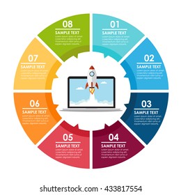 Info-graphic with a rocket fly out the laptop. Vector illustration