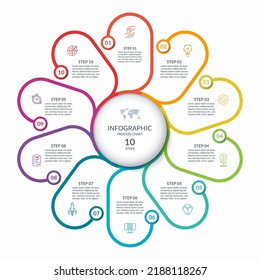Gráfica redonda infográfica con 10 pasos, partes, opciones, procesos. Concepto de infografía de círculo vectorial. Diagrama de ciclo con iconos de línea delgada.
