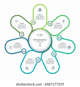 Infographic round chart with 7 steps, parts, options. Vector circle infographic concept. Cycle diagram with thin line icons.