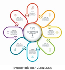 Infographic round chart with 8 steps, parts, options, processes. Vector circle infographic concept. Cycle diagram with thin line icons.