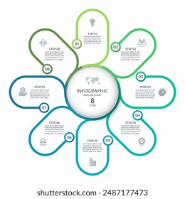 Infografik-Runddiagramm mit 8 Schritten, Teilen, Optionen. In: Vektorgrafik Circle Infographic Concept. Zyklusdiagramm mit dünnen Liniensymbolen.