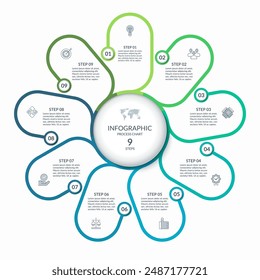 Infographic round chart with 9 steps, parts, options. Vector circle infographic concept. Cycle diagram with thin line icons.