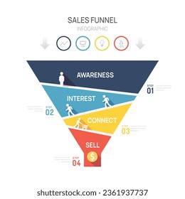 Infographic Sales funnel diagram template for business. Timeline 4 step arrows level, marketing data, presentation vector infographics.