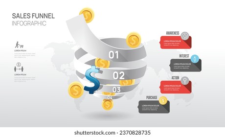 Infographic Sales funnel diagram template for business. Modern  Timeline 4 step level, digital marketing data, presentation vector infographics.