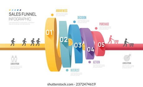 Infographic Sales funnel diagram template for business. Modern  Timeline 5 step level, digital marketing data, presentation vector infographics.