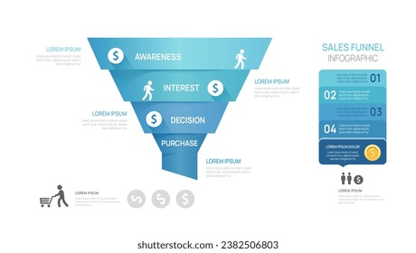 Infographic Sales funnel diagram template for business. Timeline 4 step, digital marketing, presentation vector infographics.