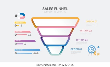 Infographic Sales funnel diagram template for business. Modern Timeline inbound step, digital marketing data, presentation vector infographics.