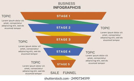 Infografía Plantilla de diagrama de embudo de ventas para empresas. Embudo de ventas de medios sociales y marketing por Internet. Infografía de negocios con etapas de Embudo de Ventas. 