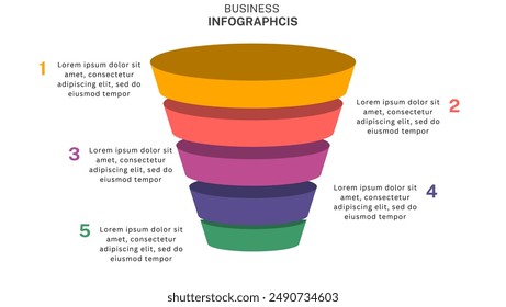 Infografía Plantilla de diagrama de embudo de ventas para empresas. Embudo de ventas de medios sociales y marketing por Internet. Infografía de negocios con etapas de Embudo de Ventas. 