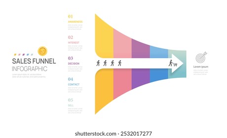 Modelo de diagrama de funil de vendas infográfico para negócios. Seta moderna Linha do tempo 5 nível passo, apresentação vetor infográficos.
