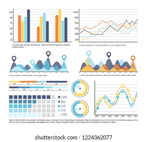 Infographic schemes and pie diagrams with numbers vector. Numeral information on visual layouts, statistics and data in flowcharts and growing charts