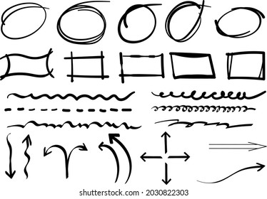 Infographic scribble doodle sketch vector elements with line marker stroke, arrow direction, round circle and rectangle frame, hand drawn, vector illustration
