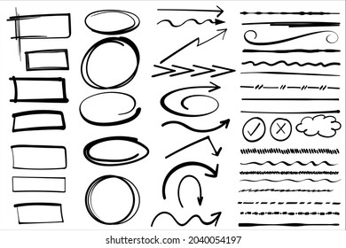 Infographic scribble doodle sketch vector elements with line marker stroke, arrow direction, round circle and rectangle frame, hand drawn, vector illustration
