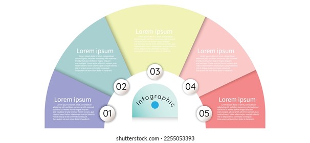 Infographic sectioned template for business information presentation. Vector half circles and geometric elements. Modern workflow diagrams. Report plan 5 topics