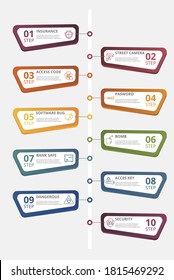 Plantilla de seguridad de infografía. Iconos de diferentes colores. Incluye seguridad, clave de acceso, seguro bancario, bomba y otros.