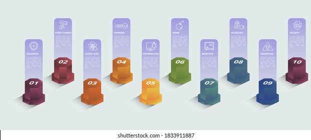Infographic Security template. Icons in different colors. Include Security, Access Key, Bank Safe, Bomb and others.