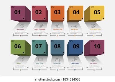 Plantilla de seguridad de infografía. Iconos de diferentes colores. Incluye seguridad, clave de acceso, seguro bancario, bomba y otros.