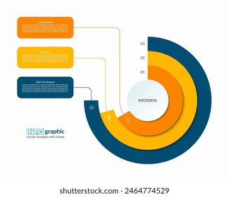 Plantilla concéntrica en capas de semicírculo infográfico con 3 pasos, opciones. Diagrama de proceso, diagrama de ciclo, Anuncio de Vector para presentación, informe, folleto, Web, visualización de datos.