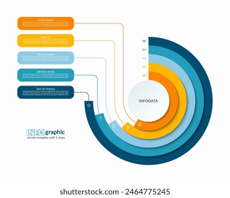 Plantilla concéntrica en capas de semicírculo infográfico con 5 pasos, opciones. Diagrama de proceso, diagrama de ciclo, Anuncio de Vector para presentación, informe, folleto, Web, visualización de datos.