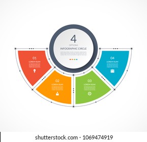 Infographic Semi Circle In Thin Line Flat Style. Business Presentation Template With 4 Options, Parts, Steps. Can Be Used For Cycle Diagram, Graph, Round Chart.