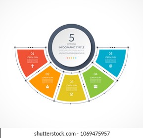 Infographic semi circle in thin line flat style. Business presentation template with 5 options, parts, steps. Can be used for cycle diagram, graph, round chart.