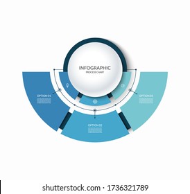 Infographic semi circular chart divided into 3 parts. Step-by step diagram with three options designed for report, presentation, data visualization.