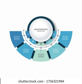 Infographic semi circular chart divided into 5 parts. Step-by step diagram with five options designed for report, presentation, data visualization.