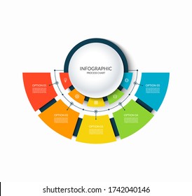 Infographic semi circular chart divided into 5 parts. Step-by step diagram with five options designed for report, presentation, data visualization.