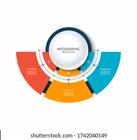 Infographic semi circular chart divided into 3 parts. Step-by step diagram with three options designed for report, presentation, data visualization.