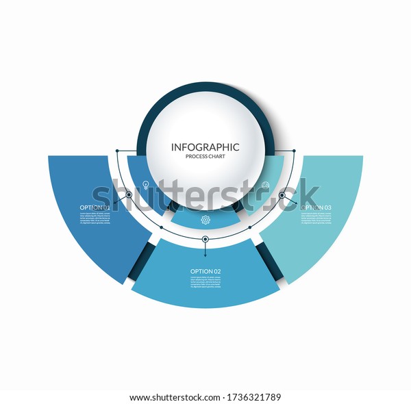Infographic semi circular chart divided\
into 3 parts. Step-by step diagram with three options designed for\
report, presentation, data\
visualization.