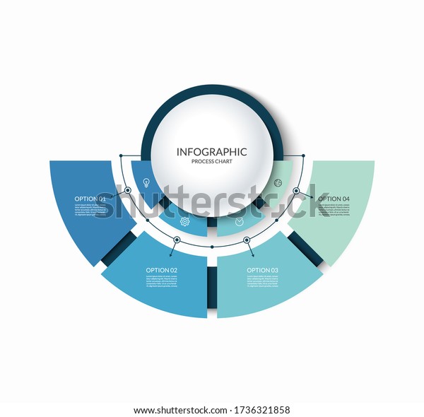 Infographic semi circular chart divided\
into 4 parts. Step-by step diagram with four options designed for\
report, presentation, data\
visualization.