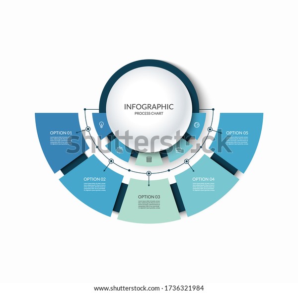 Infographic semi circular chart divided\
into 5 parts. Step-by step diagram with five options designed for\
report, presentation, data\
visualization.