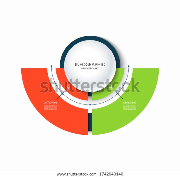 Infographic semi circular chart divided\
into 2 parts. Step-by step diagram with two options designed for\
report, presentation, data\
visualization.