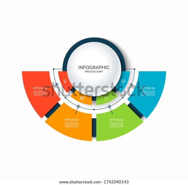 Infographic semi circular chart divided\
into 4 parts. Step-by step diagram with four options designed for\
report, presentation, data\
visualization.
