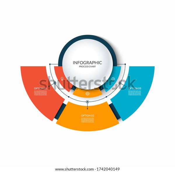 Infographic semi circular chart divided\
into 3 parts. Step-by step diagram with three options designed for\
report, presentation, data\
visualization.