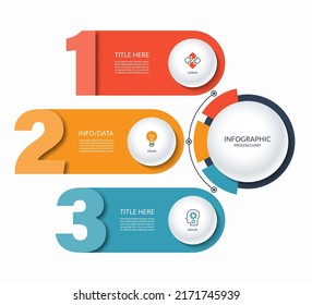 Infographic semi circular template with 3 numbered bars with place for text and icons. Can be used as a chart, workflow layout, diagram, data visualization, minimalistic web banner.