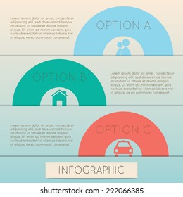 Infographic of semicircle with 3 options,simple signs on and with space for own text on sides placed on the white background.