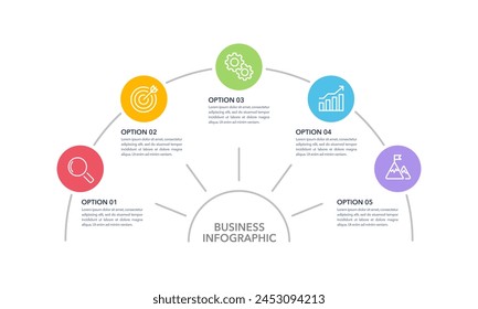 Infographic semicircle 5 processes to success. Business presentation, Timeline and Milestone. Vector illustration.